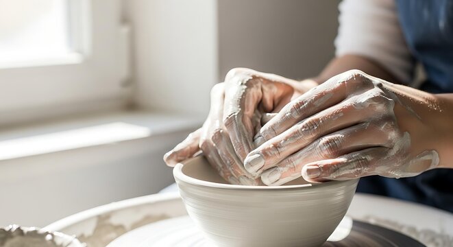 Hands making pottery on spinning wheel, artisan hands making pottery with wet clay, close up hands making pottery in bright studio for hobby