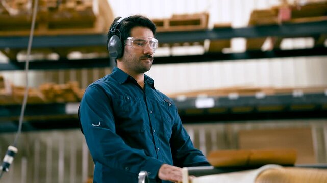 Young carpenter wearing safety glasses and ear protection operating an electric wood planer. Skilled worker processing a wooden plank in a factory
