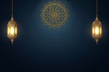 Serene Ramadan background with ornate golden Islamic lanterns and mandala on a dark blue textured backdrop