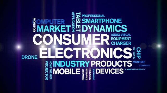 Consumer Electronics animated word cloud-gross domestic product animation tag kinetic typography seamless loop.