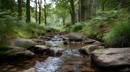 A serene forest stream flows over moss covered rocks in a lush woodland
