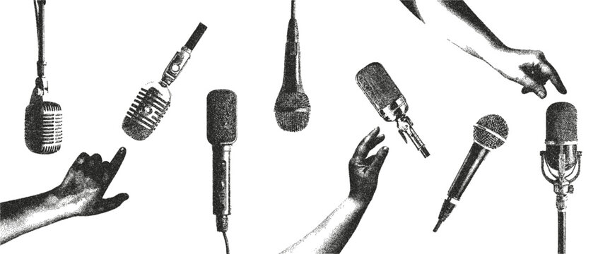 Trendy microphone photocopy effect, for grunge punk collage design. Disco microphone and hands. Brutalist vintage vector illustration music.