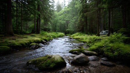 Fototapeta premium A tranquil forest stream flowing through lush green mossy terrain with a campsite nestled among trees