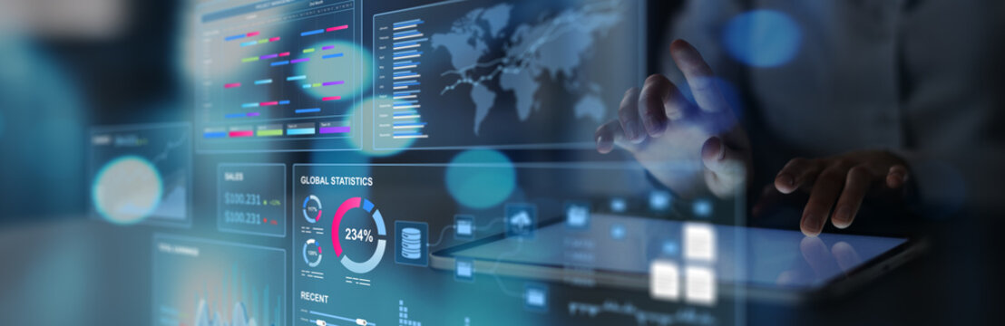 Real Time Data Analytics Interface with Global Statistics and Business Performance Charts.
