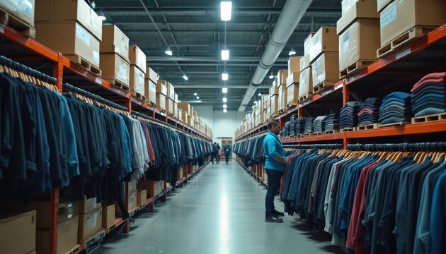 Man checks rows of hanging apparel and folded stacks in a large clothing warehouse. Boxes stacked on shelves above. Merchandise organized for retail.