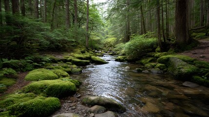 Obraz premium A serene forest stream meanders through lush green moss covered rocks and dense trees inviting explo n on a shaded woodland path