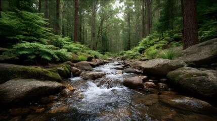 A serene forest stream meanders over mossy rocks through a lush dense woodland with ferns and tall trees
