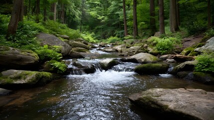 Obraz premium A secluded woodland creek flows gently over mossy rocks amidst lush green trees
