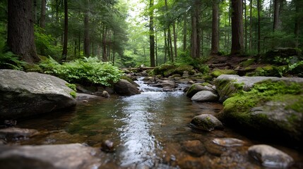 Obraz premium A tranquil forest creek flows gently over moss covered rocks surrounded by lush green vegetation and towering trees in a peaceful natural setting