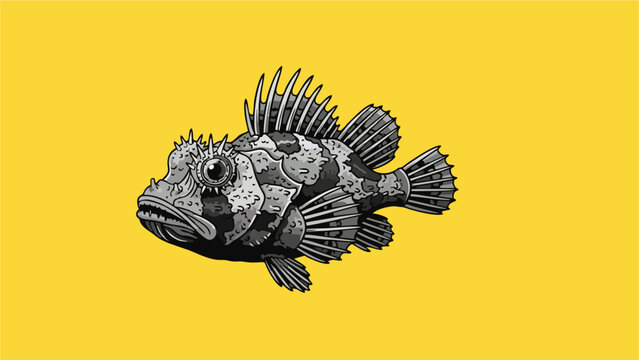 Vintage Engraving Style Scorpionfish Illustration on Bright Yellow Background