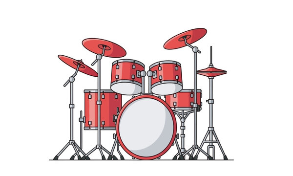 A clean, flat illustration of a complete red drum kit, including the bass drum, tom-toms, snare, and cymbals, set against a plain white background.