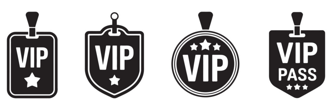 VIP badges vector icons set, membership pass, VIP tag collection, exclusive access symbols, premium membership icons, luxury pass graphics, membership card design elements