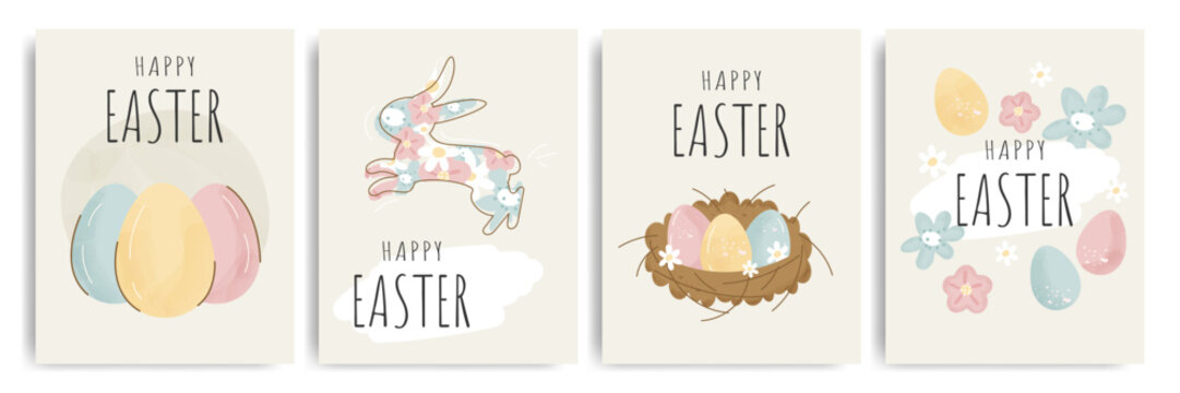 Cute Happy Easter greeting cards set with colorful spring eggs, rabbit and flowers. Vector illustration in flat watercolor style