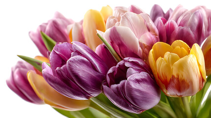 Place a bouquet of colorful tulip flowers centered on a pure white background 