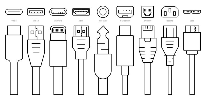 Cables  Connectors vector icon set. USB, HDMI, Ethernet, audio, power and data cables. Editable line icons for web, UI