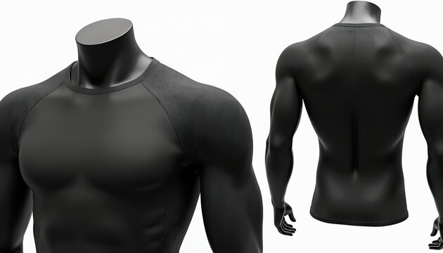 Front and back view of black long sleeve compression shirt on male mannequin. Studio shot of athletic apparel. Sportswear mock up for activewear.