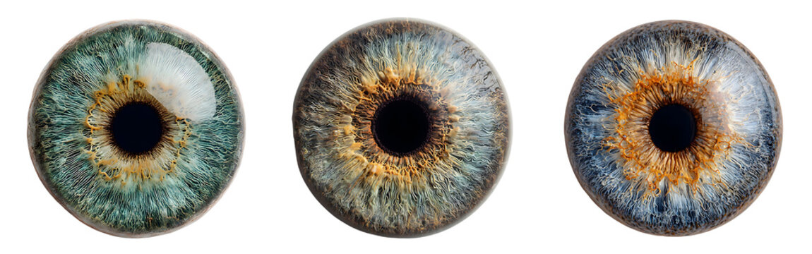 Set of human eyes with different iris colors and detailed texture isolated on a white or transparent background
