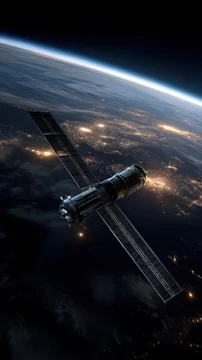 Sleek orbital data center satellite floating above Earth during atmospheric transition