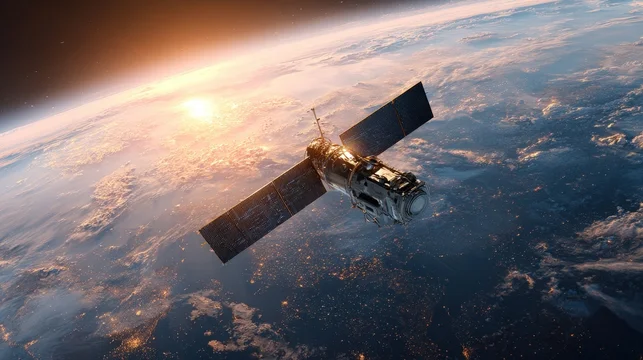 High-tech orbital data center satellite transmitting data above illuminated city lights at night