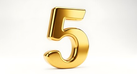 Golden number five rendered in 3D on a plain white background from a frontal viewpoint