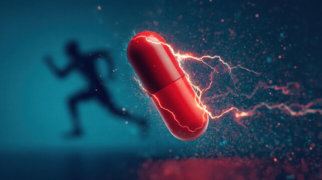 Red energy vitamin capsule with electric lightning and running silhouette, sports supplement performance concept