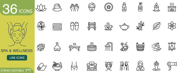 Relaxing spa and wellness line icon set representing beauty health and calm relaxation. Minimal vector outline collection suitable for luxury salon therapy treatment