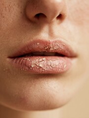 Obraz premium Close up of dry cracked lips on young woman with light skin, dehydration and skincare problem concept