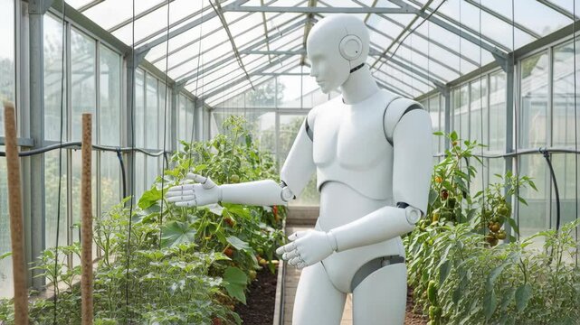 Humanoid agriculture robot greenhouse tending tomato plants with peppers and irrigation nurturing growth and sustainable farming harmony