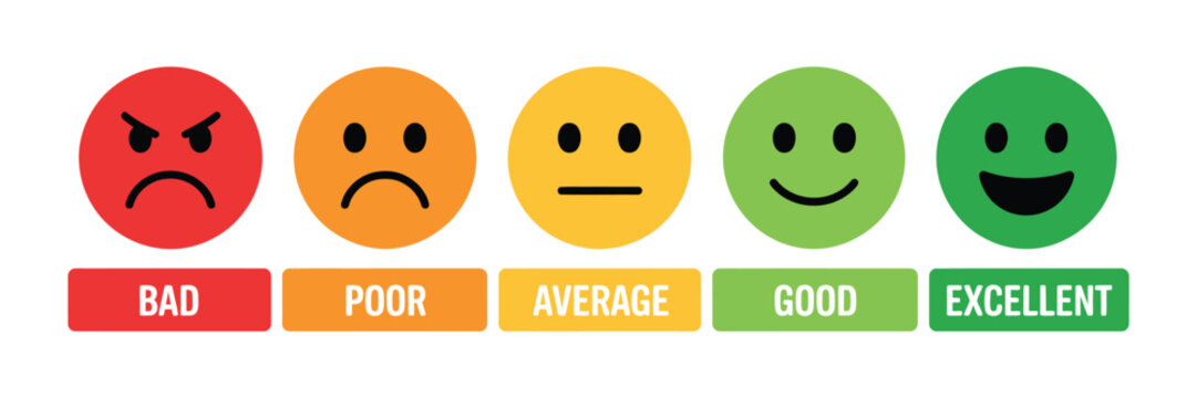 Rating Emoji Vector Set, Customer Feedback Icons With Bad, Poor, Average, Good, And Excellent Expressions Representing Satisfaction Level, User Experience, And Consumer Review.