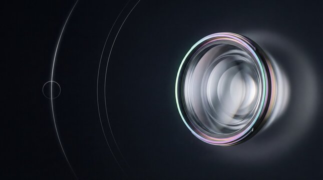 Macro lens closeup in a dark cinematic studio, high detail photograph of camera optics