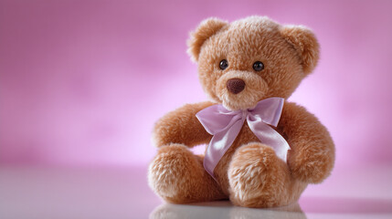 Obraz premium A brown teddy bear with a pink bow sitting on a white surface