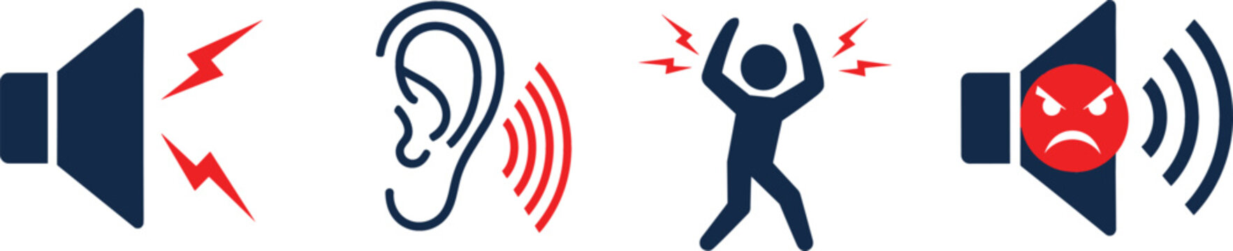 Professional vector icon set for noise sensitivity hearing loss and ear protection featuring loud sound waves and sensory overload symbols for health