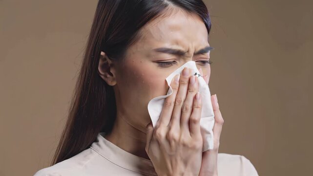 Young woman blowing nose into tissue, experiencing cold or seasonal allergy symptoms, respiratory infection and nasal congestion isolated on plain background