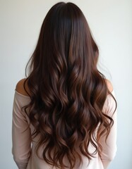 Naklejka premium View from back on long brown wavy hair. Woman with smooth voluminous hairstyle, shiny healthy strands, elegant soft curls, clear white background.