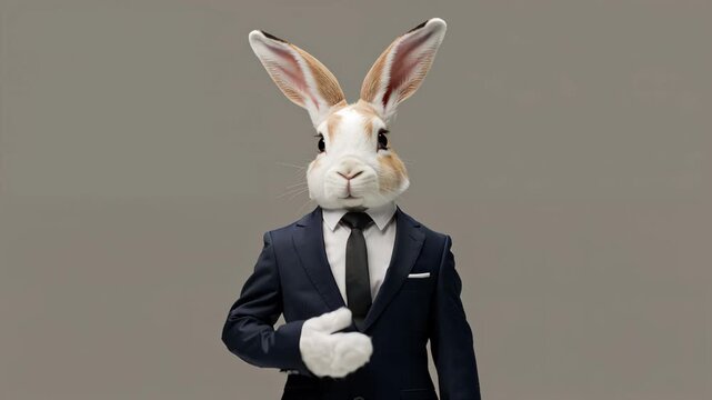 Surreal rabbit in business suit isolated on neutral background, creative corporate concept blending Easter symbolism with leadership, strategy and modern branding identity