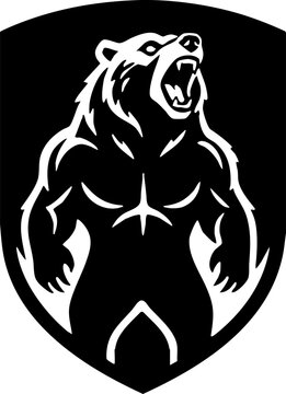 Aggressive roaring grizzly bear mascot standing in shield logo