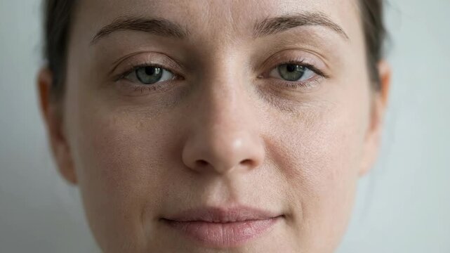 Woman's close-up portrait looking straight to camera, showcasing green eyes, freckles and natural skin texture, subtle smile and confident, unretouched beauty without makeup