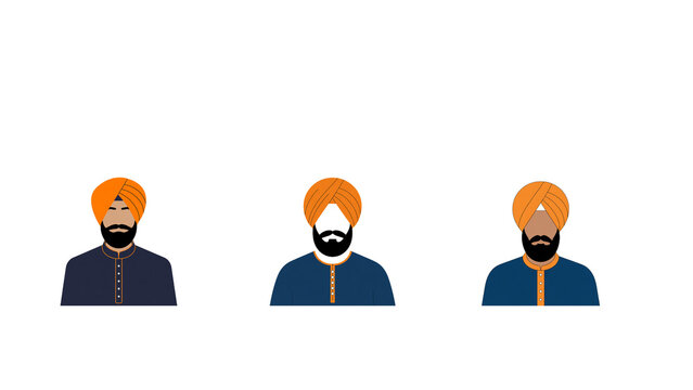 Three men wearing traditional Sikh attire with orange turbans on transparent background