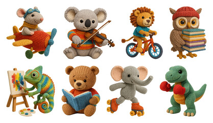 Obraz premium PNG Colorful knitted animal toys collection, transparent background