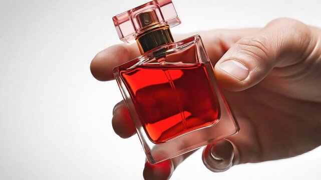 Elegant Red Perfume Bottle Held in Hand. A luxurious square glass perfume bottle filled with rich red amber liquid, held delicately in a woman's hand against a soft neutral background