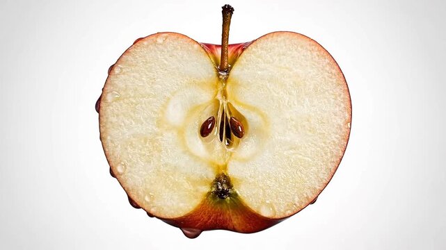 Fresh Red Apple Half with Seeds and Dew Drops. A close-up macro shot of a perfectly sliced fresh red apple, showing the juicy white flesh, natural brown seeds in the core