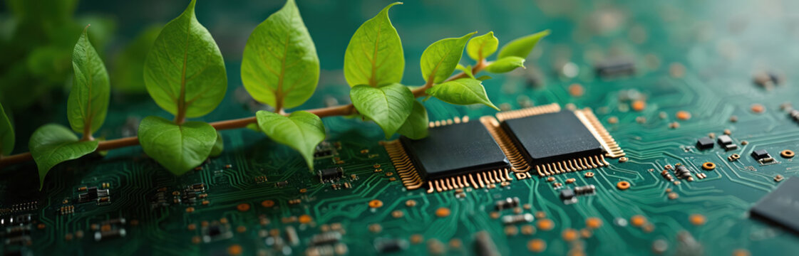 Green plant leaves grow on computer circuit board with microchips. Nature and technology merge on electronic hardware. Concept of green tech eco innovation and sustainable future.