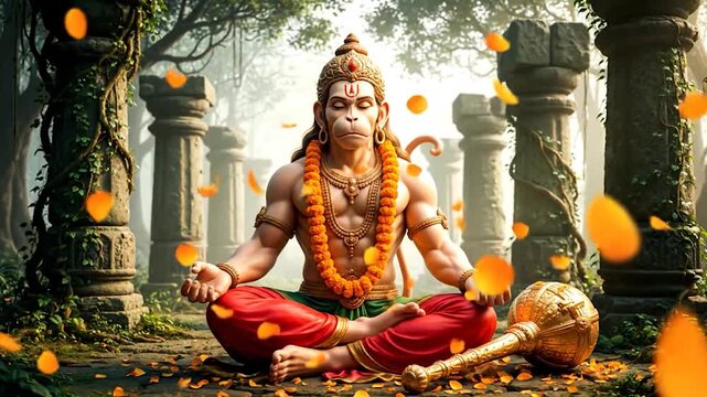 A meditating primate deity, surrounded by falling petals, ancient pillars, and a golden mace