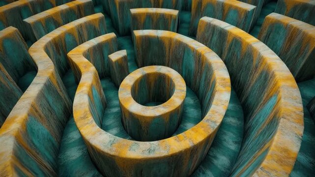 Intricate stone labyrinth nestled among greenery invites exploration and curiosity on a sunny day