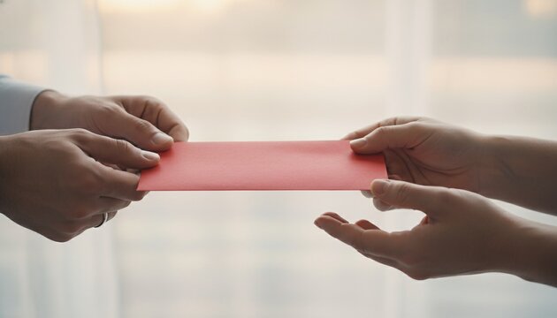 Generous exchange Hands giving and receiving a symbolic red envelope, representing a monetary gift, bonus, or thoughtful financial offering