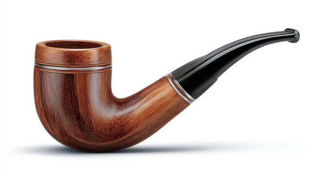 Polished Wooden Smoking Pipe with Black Ebonite Stem on White