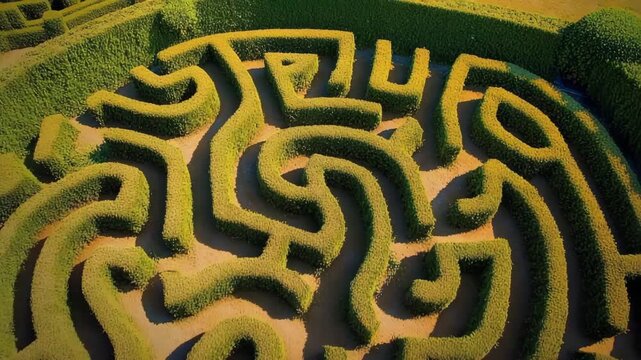 Intricate stone labyrinth nestled among greenery invites exploration and curiosity on a sunny day