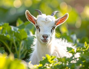 Obraz premium Close-up of a smiling white goat peering from lush green foliage