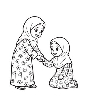 Two Young Muslim Girls in Floral Hijabs Showing Compassion by Helping Each Other in a Friendly Gesture of Support