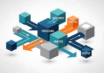 Fototapeta premium 3D data processing flowchart with input analysis and output stages in modern business workflow concept